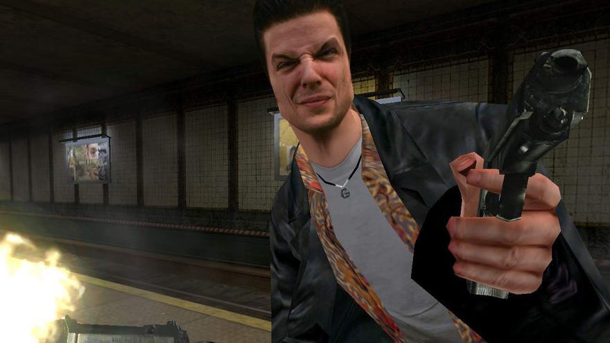 A screenshot from Max Payne of him firing a gun while aiming another