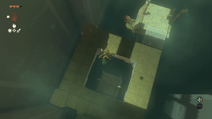 Link looking down on levels below him in the Mayaumekis Shrine after jumping high into the air.