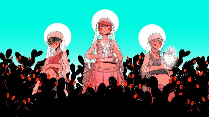 Un'illustrazione che mostra i tre amici della storia di Mediterranea Inferno che assumono una posa da santi, ognuno con la propria aureola, in mezzo a un fitto intrico di cactus ombrosi.