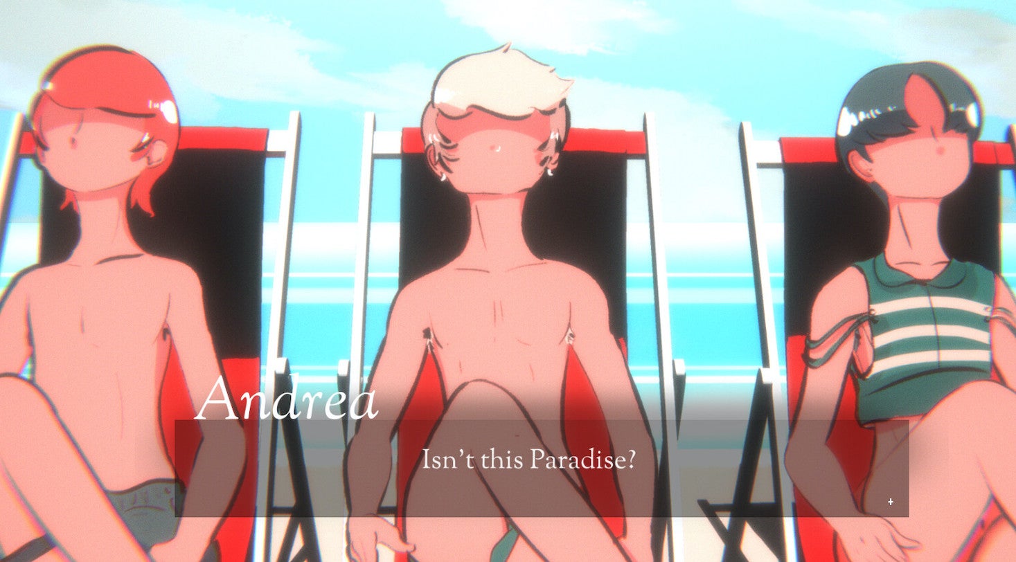 Three faceless characters cross their legs and sunbathe on the beach in Mediterranean Inferno