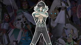 The protagonist from Shin Megami Tensei 3: Nocturne – the Demi-Fiend – stands in the centre of a group of demons – and you can only really make out their eyes.