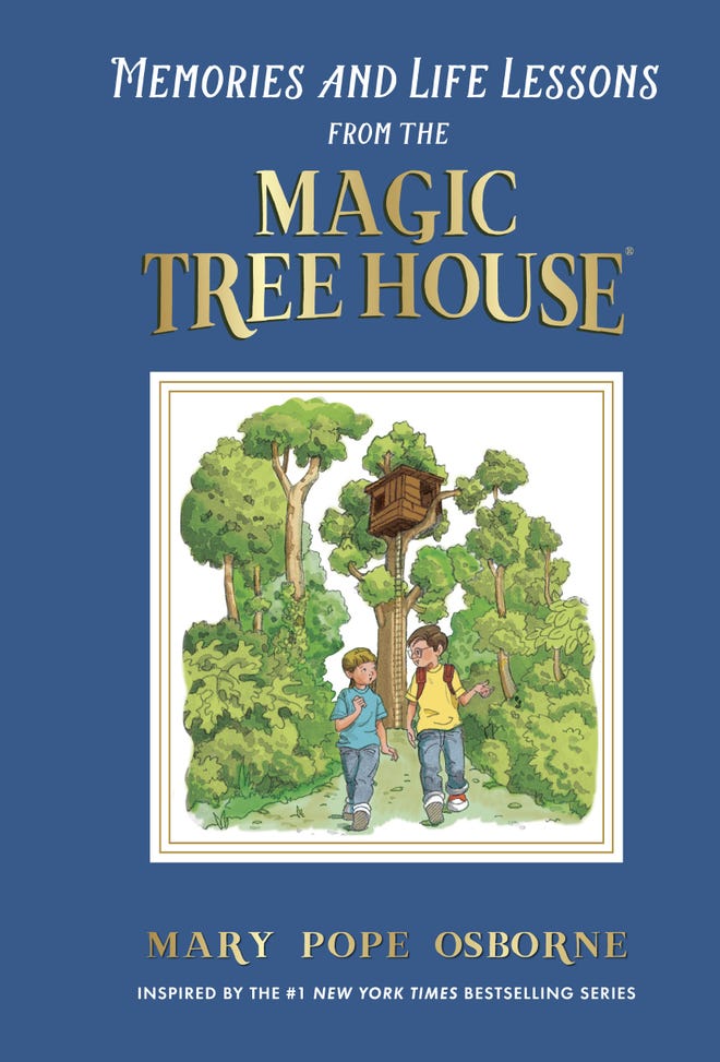 Cover of Memories and Life Lessons from the Magic Tree House, with a dull blue cover and an illustration of Jack and Annie walking near the Magic Tree House