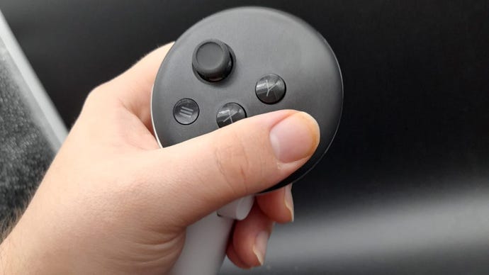 The Meta Quest 3's left Touch Plus controller in a hand.
