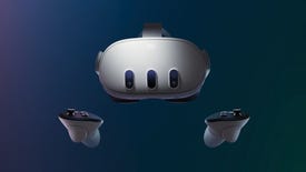 The Meta Quest 3 VR headset, and its controllers, against a blue background.