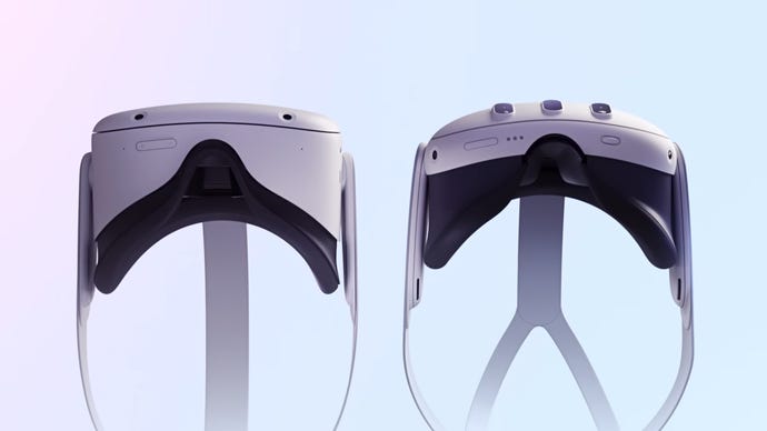 A Meta Quest 2 next to a Meta Quest 3, showing the difference in headset size.