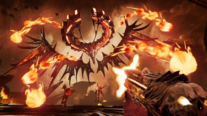 2022 best games Metal: Hellsinger - shooting at a fiery boss of skulls and fireballs
