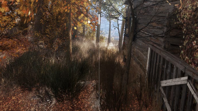 A comparison image showing Metro Exodus with an unofficial "FSRAA" mod on the left and FSR 2.0 on the right.