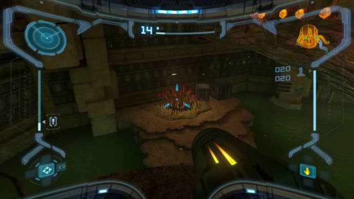 Samus looks at a rune that needs scanning in Metroid Prime Remastered