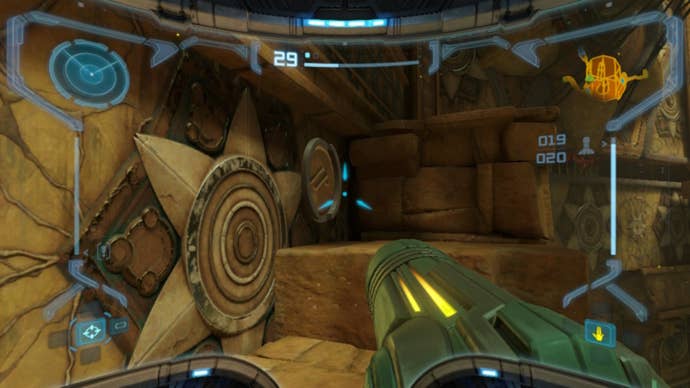 Samus looks at a rune that needs scanning in Metroid Prime Remastered