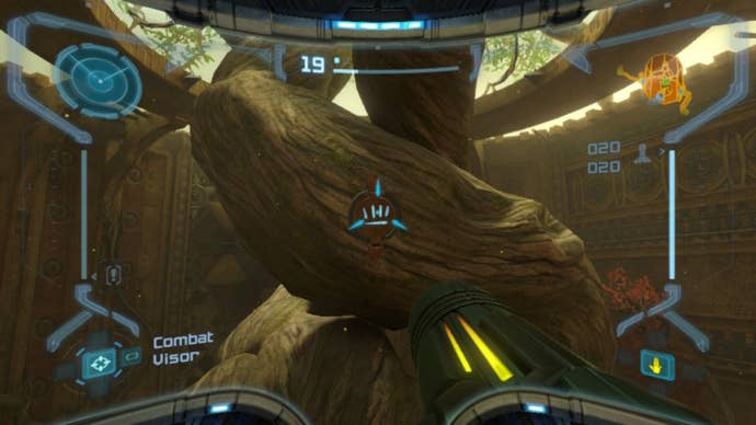 Samus looks at a rune that needs scanning in Metroid Prime Remastered