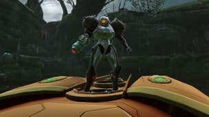 Samus stands on her Gunship at the Landing Site in Metroid Prime Remastered