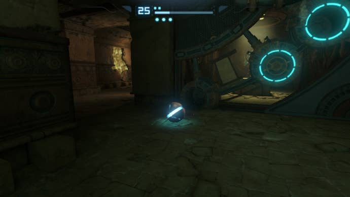 In Morph Ball form, Samus stands beside a gate with three locks in Metroid Prime Remastered