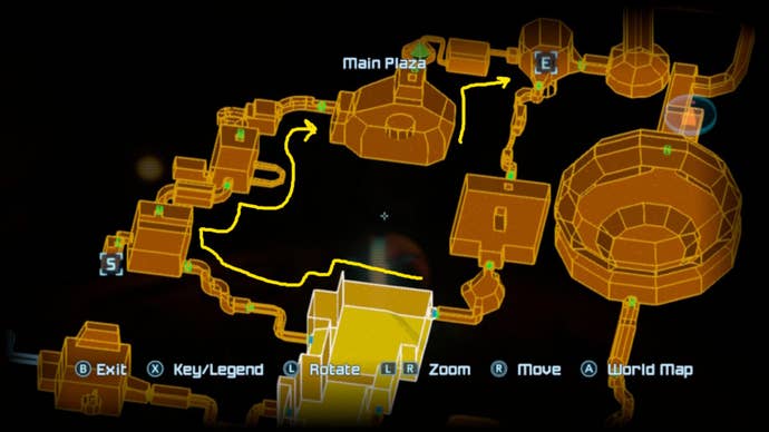 A map of Chozo Ruins, labelled with a route from the Main Plaza to Transport Access in Metroid Prime Remastered
