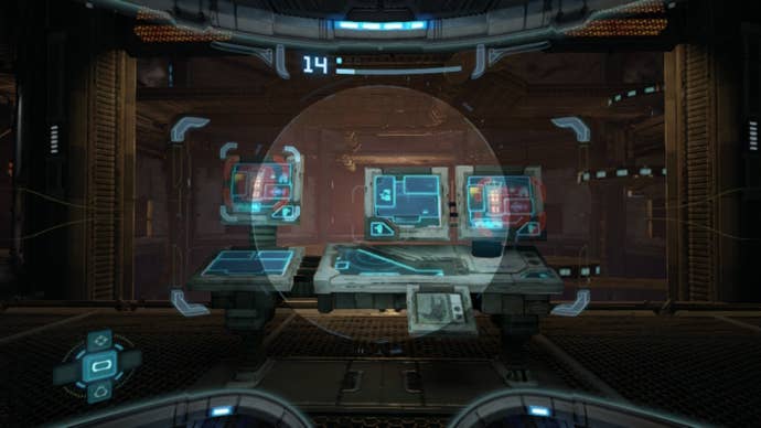 Samus scans two red panels in Metroid Prime Remastered