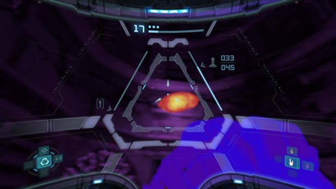 Samus aims at a power source with the thermal visor on in Metroid Prime Remastered