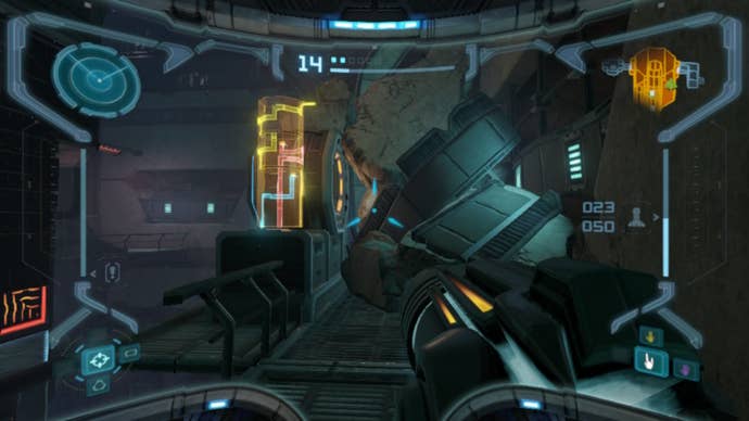 Samus aims at some bombable rubble by the Phazon Mines spider track puzzle in Metroid Prime Remastered