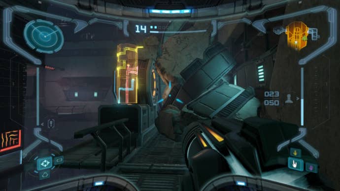 Samus aims at some bombable rubble by the Phazon Mines spider track puzzle in Metroid Prime Remastered