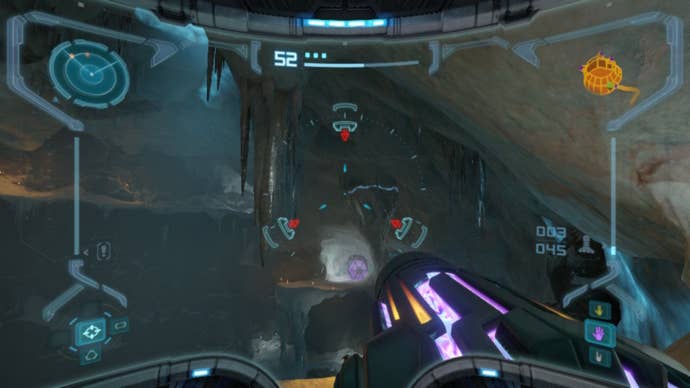 Samus aims at stalactite by a door in Metroid Prime Remastered