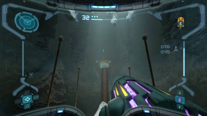 Samus aims at a spider ball track in Metroid Prime Remastered