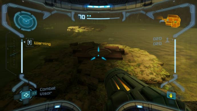 Samus looks at a rune that needs scanning in Metroid Prime Remastered