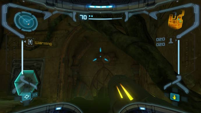 Samus looks at a rune that needs scanning in Metroid Prime Remastered