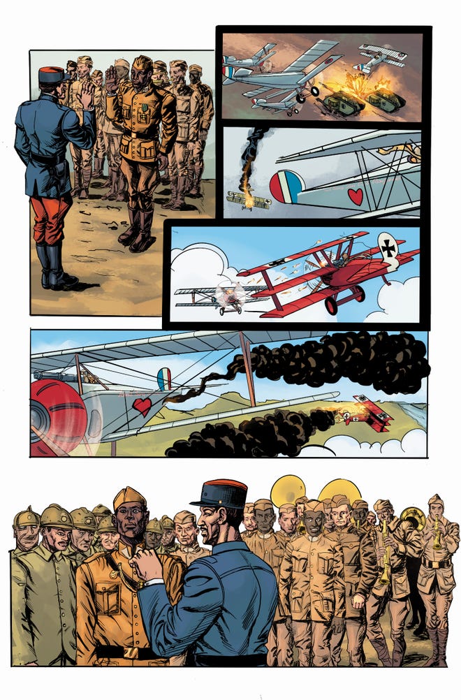 Interior page of a comic featuring soldiers and a crashing plane