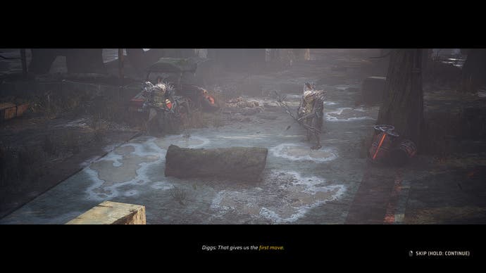 Captura de pantalla de la revisión de Miasma Chronicles, que muestra una escena en formato buzón con dos ranas mutantes humanoides.
