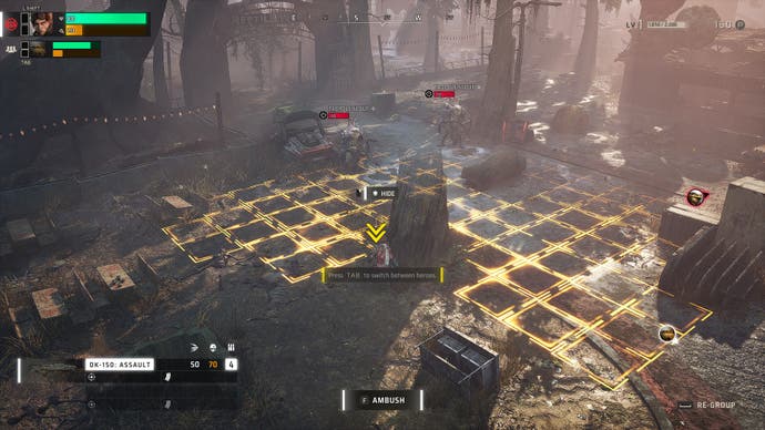 Captura de pantalla de la revisión de Miasma Chronicles, que muestra una batalla por turnos en las ruinas de un pantano.  Hay una cuadrícula brillante que cubre gran parte del área.