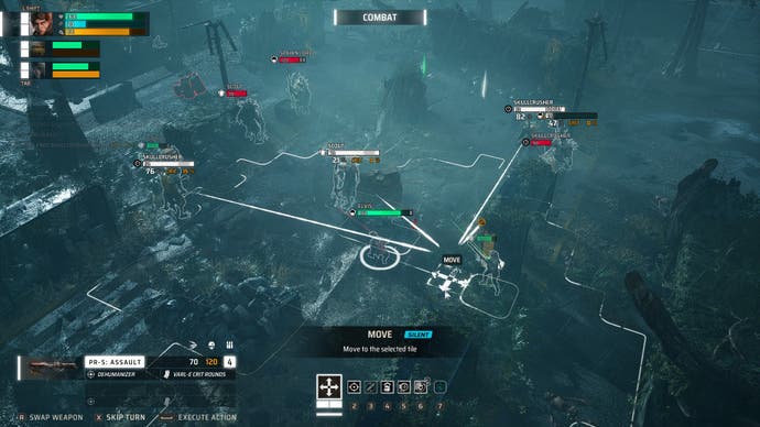 Captura de pantalla de revisión de Miasma Chronicles, que muestra una batalla por turnos con muchos enemigos.