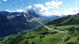 A thin, long-winged plane flies over a green, mountainous vista in Microsoft Flight Simulator.