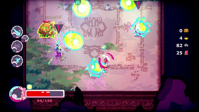 Una captura de pantalla de Midautumn, un juego de rol de acción en 2D pixelado.  Aquí vemos una toma de combate, donde varias manchas de luz brillante iluminan la pantalla.