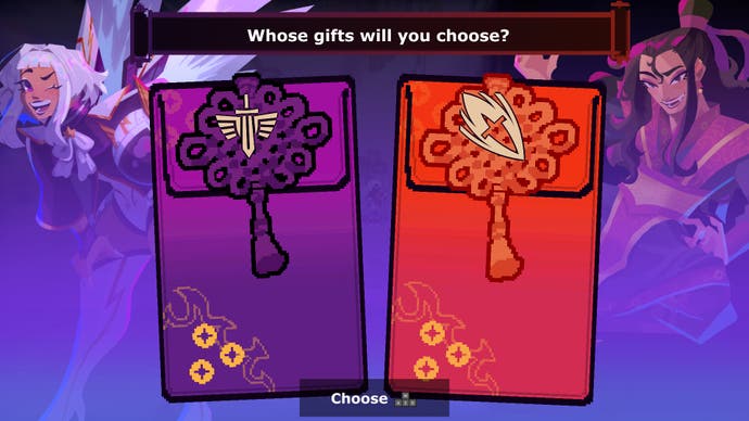Una escena de mediados de otoño en la que el jugador tiene que elegir entre dos regalos de dos espíritus ancestrales, presentados en forma de un sobre rojo chino.