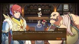 A knight talks with a barkeep in Might And Magic Clash Of Heroes Definitive Edition