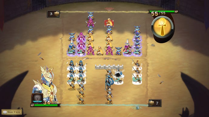 Knights fight against magical creatures on a desert-themed grid board in Might & Magic: Clash Of Heroes - Definitive Edition