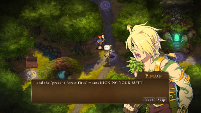 A blonde elf yells at a man on the world map in Might & Magic: Clash Of Heroes - Definitive Edition
