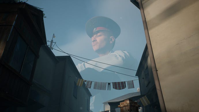 A large policeman eyes you from the sky in Militsioner