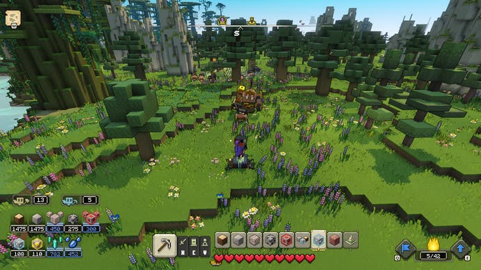 Minecraft Legends review - screenshot from Minecraft Legends, a gree landscape full of trees