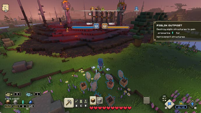 Minecraft Legends review - screenshot from Minecraft Legends, leading units at dusk