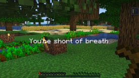 Screenshot of some blocky woods in Minecraft with overlaid text that says "You're short of breath."
