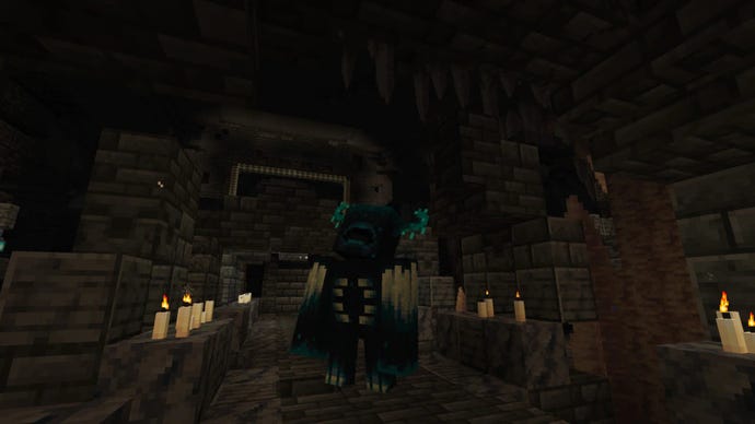 Minecraft 1.19s new mob, the Warden, staring at the ceiling of a candlelit chamber in the Deep Dark biome.