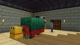 Big green creature in Steve's house from a Minecraft Monthly screenshot