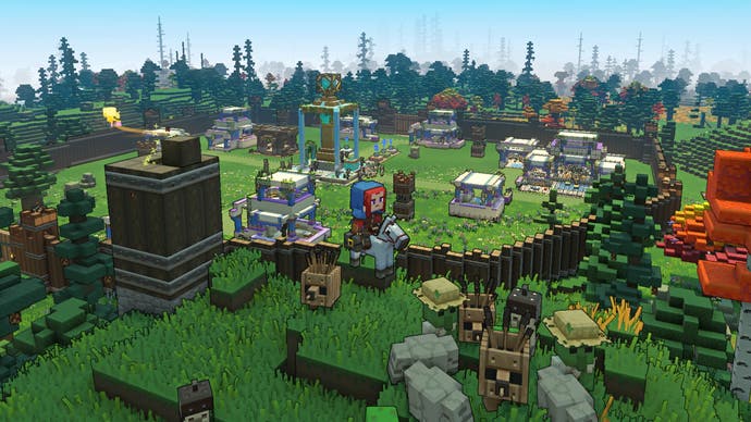 A Minecraft Legends screenshot showing the player riding a horse close to a wooden encampment built on a green (and blocky) hill.