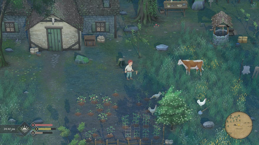 Little farmer stands looks around a hand painted farm in a screenshot from Mirthwood