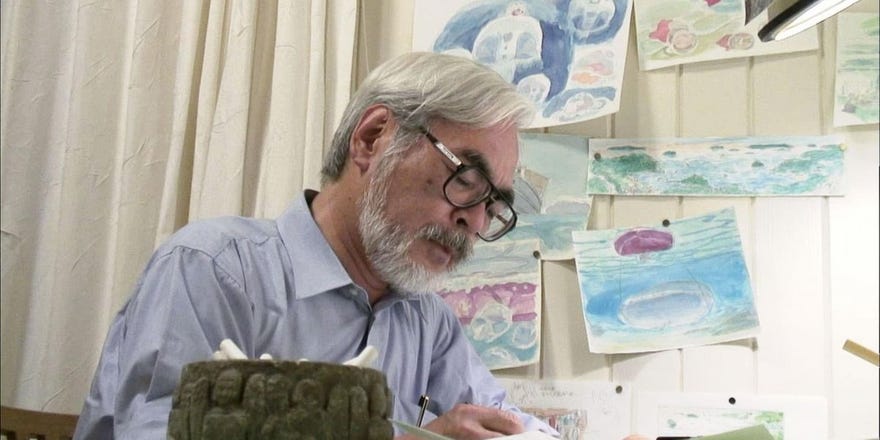 Hayao Miyazaki at his desk working