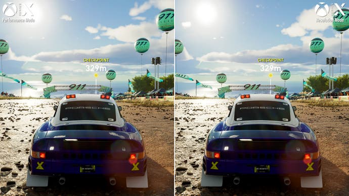 Capturas de pantalla de Xbox Series X en Crew Motorfest, que muestran pequeñas diferencias visuales en los modos de rendimiento y resolución.