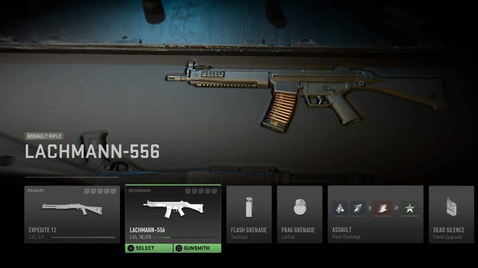 Modern Warfare 2 beta screenshot showing the Lachmann 556 in a weapon container, with the stats on the left.