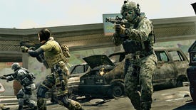 Modern Warfare 2 image showing three soldiers aiming their guns on a road littered with destroyed cars.