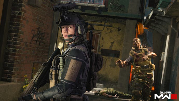 a soldier looking to the left holding a gun with a zombie shambling behind and looking at her