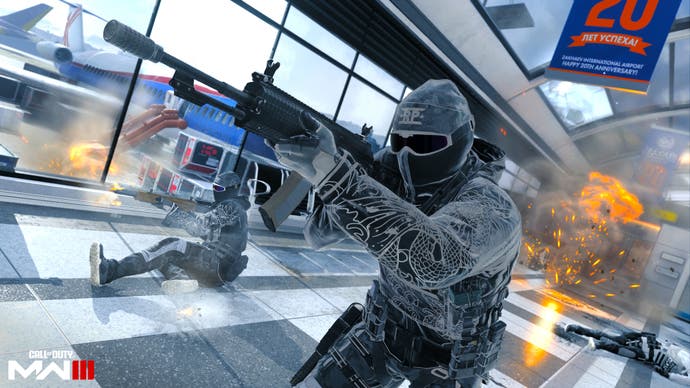 a soldier holding a gun in an airport terminal with an explosion in the background and dead bodies behind the soldier