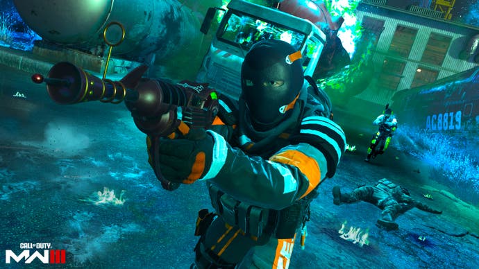 a character dressed in a striped orange, black, and white hazmat suit pointing an otherworldly looking pistol with a green and blue mist covering the area